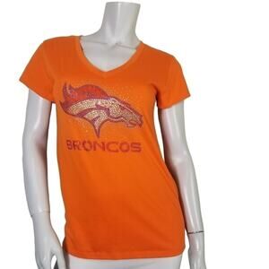 Denver Broncos JRS SZ L Orange V Neck Cotton T Shirt Rhinestone Horse Head Logo
